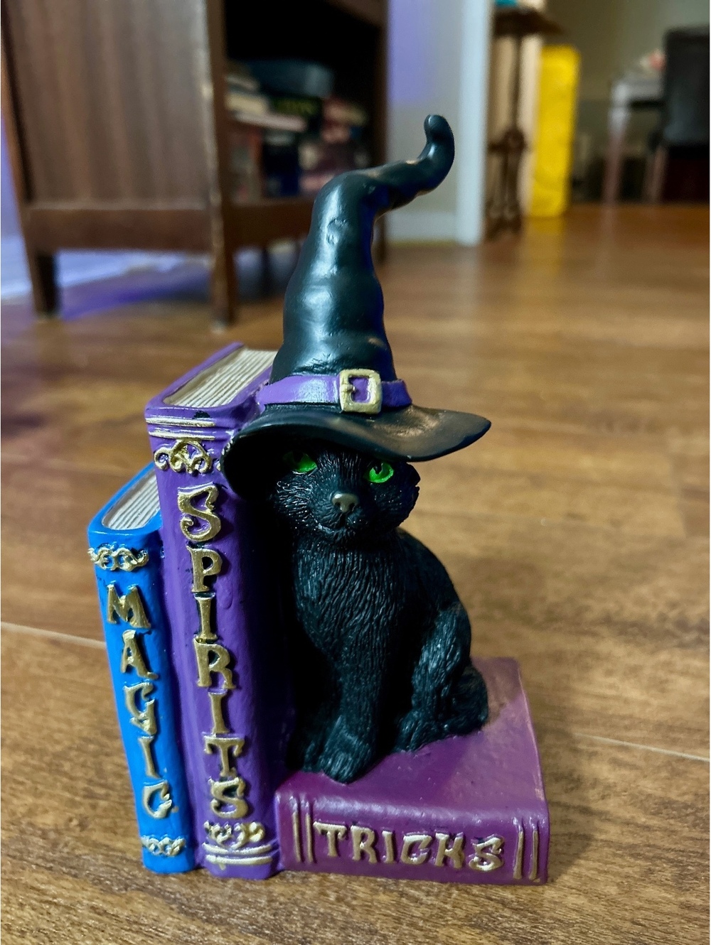 Black Cat Witch Hat Bookend with Magic and Spirits Books